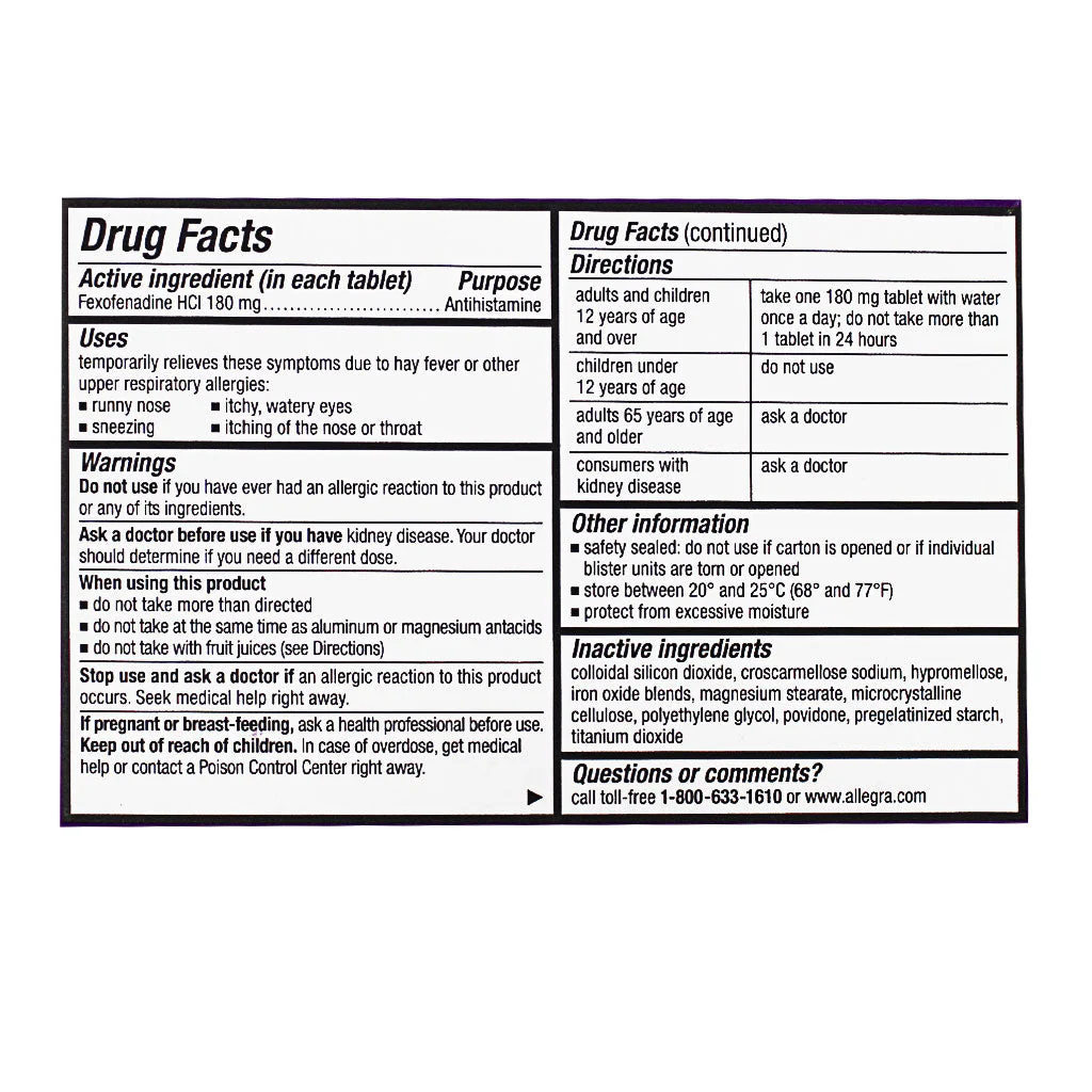 Allegra Allergy 24 Hour Non-Drowsy Relief - Card of 1 - Image 3