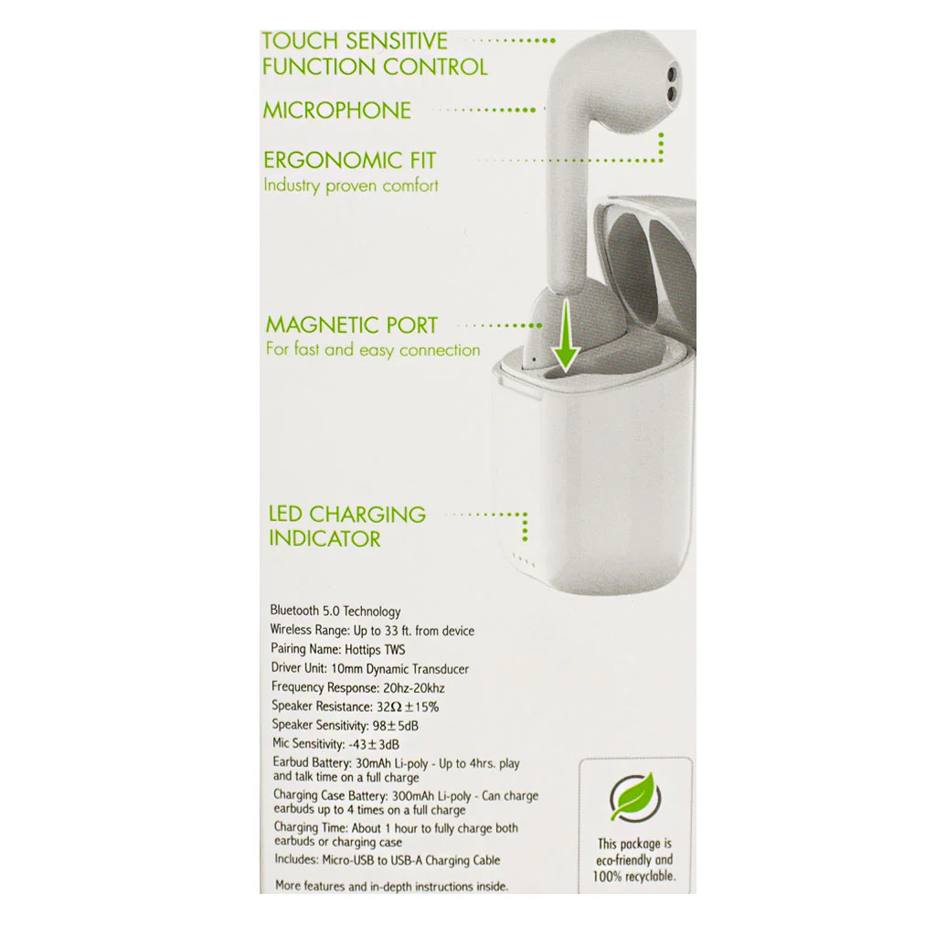 Hottips White Wireless TWS Stick Earbuds w/Charging Case - Image 2